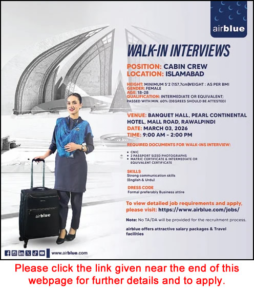 Airhostess Jobs in Air Blue 2026 March Female Cabin Crew Walk in Interviews Latest