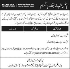 Honda Atlas Cars Pakistan Apprenticeship Program 2026 March Auto Mechanic, Engine Fitter & Welder Latest