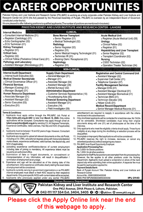 PKLI Lahore Jobs 2026 March Apply Online Pakistan Kidney and Liver Institute and Research Center Latest