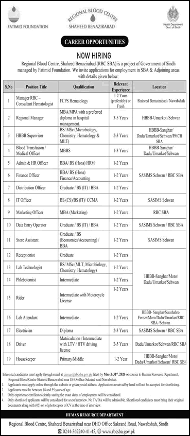 Regional Blood Centre Shaheed Benazirabad Jobs 2026 March IT Officer, Data Entry Operator & Others Fatimid Foundation Latest