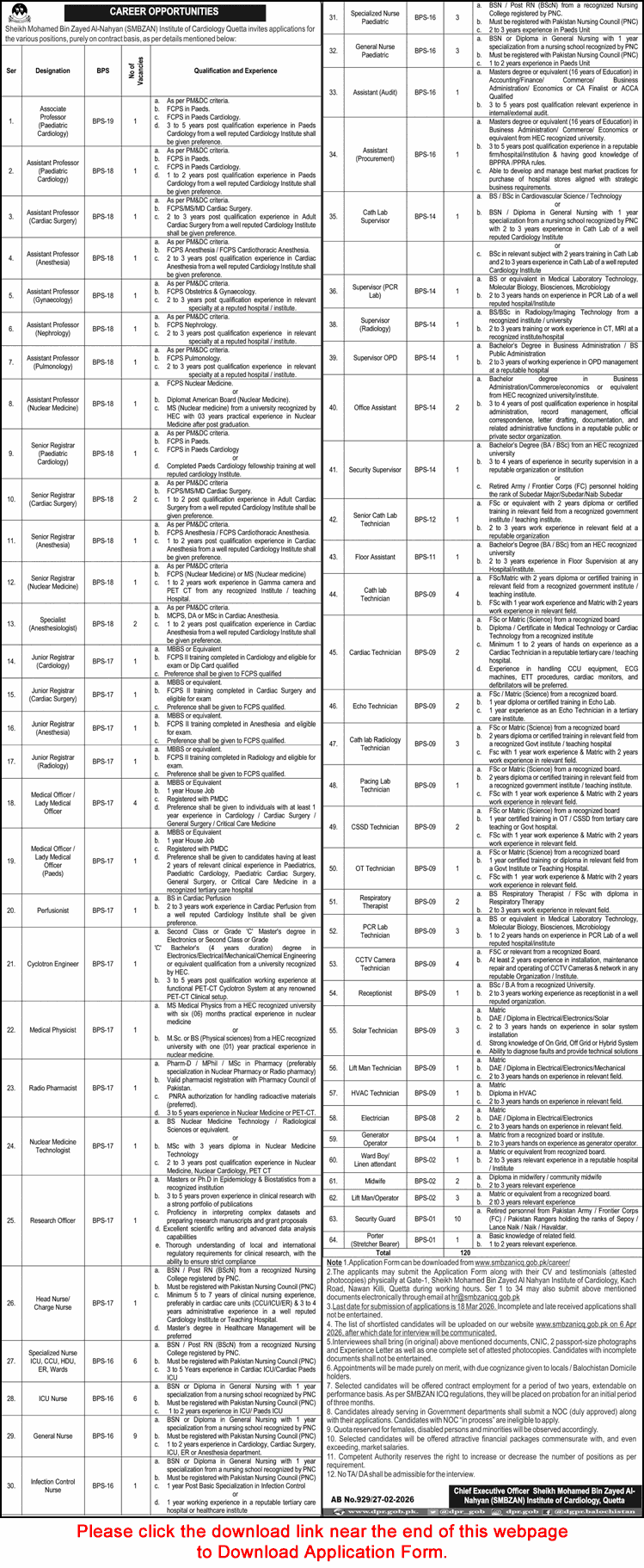 Sheikh Mohammed Bin Zayed Al Nahyan Institute of Cardiology Quetta Jobs 2026 March Application Form SMBZAN Latest