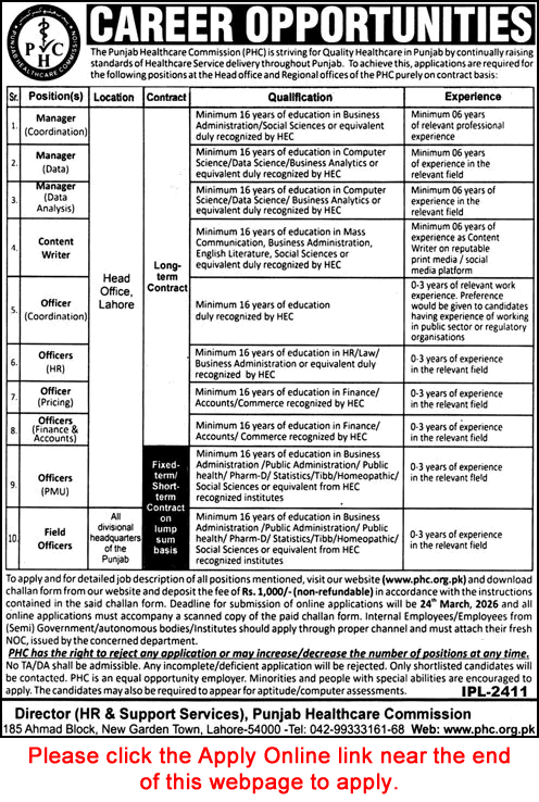 Punjab Healthcare Commission Jobs March 2026 Apply Online Field Officers, Managers & Others PHC Latest