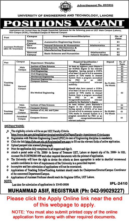 UET Lahore Jobs March 2026 Apply Online Teaching Faculty & Others Latest