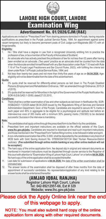 Civil Judge cum Magistrate Jobs in Lahore High Court 2026 March Apply Online Latest