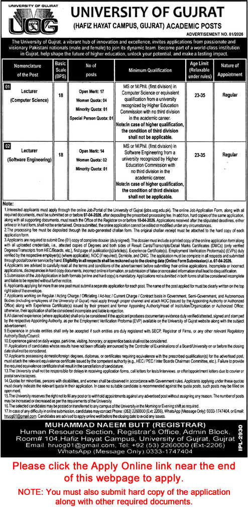 Lecturer Jobs in University of Gujrat Jobs 2026 March Apply Online UOG Latest