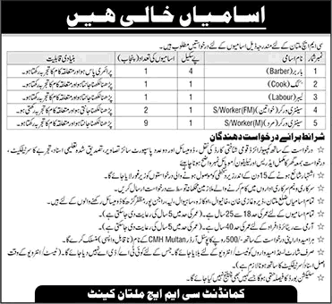 CMH Multan Jobs 2026 March Sanitary Workers, Labour, Cook & Barber Combined Military Hospital Latest