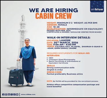 Airhostess Jobs in Air Blue March 2026 April Female Cabin Crew Walk in Interviews Latest