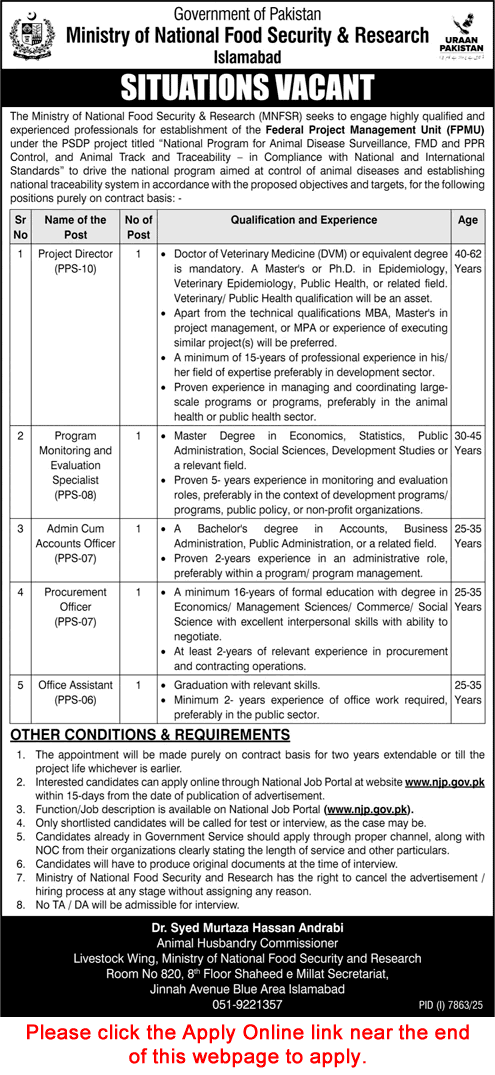 Ministry of National Food Security and Research Jobs March 2026 April Apply Online MNFS&R Latest