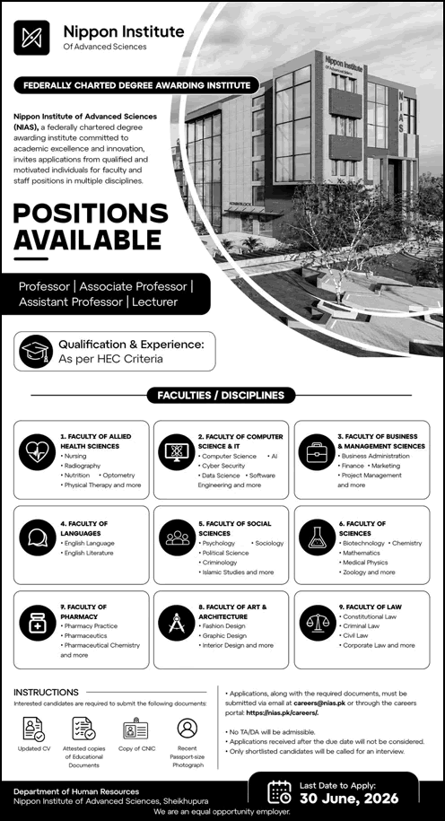 Nippon Institute of Advanced Sciences Sheikhupura Jobs 2026 June Teaching Faculty NIAS Latest