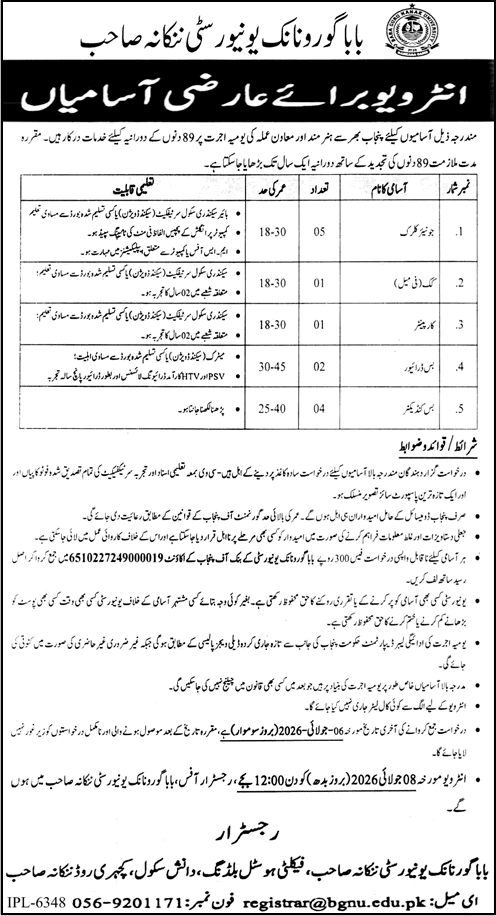 Baba Guru Nanak University Nankana Sahib Jobs June 2026 Clerks, Drivers & Others Latest