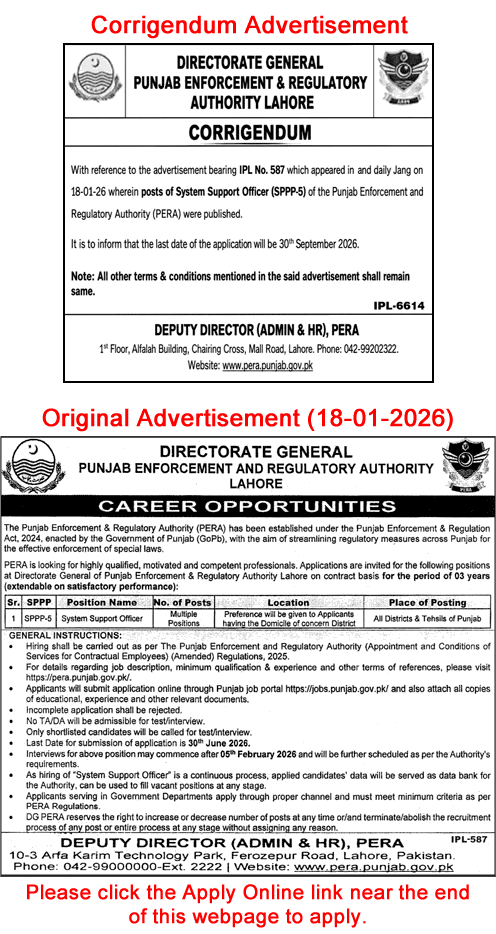 System Support Officer Jobs in Punjab Enforcement and Regulatory Authority June 2026 July Apply Online PERA Latest