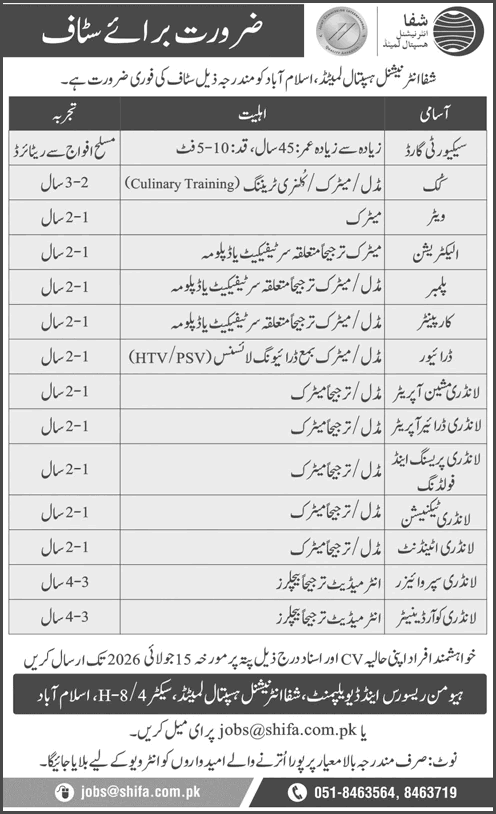 Shifa International Hospital Islamabad Jobs June 2026 July Laundry Workers, Security Guards & Others SIH Latest
