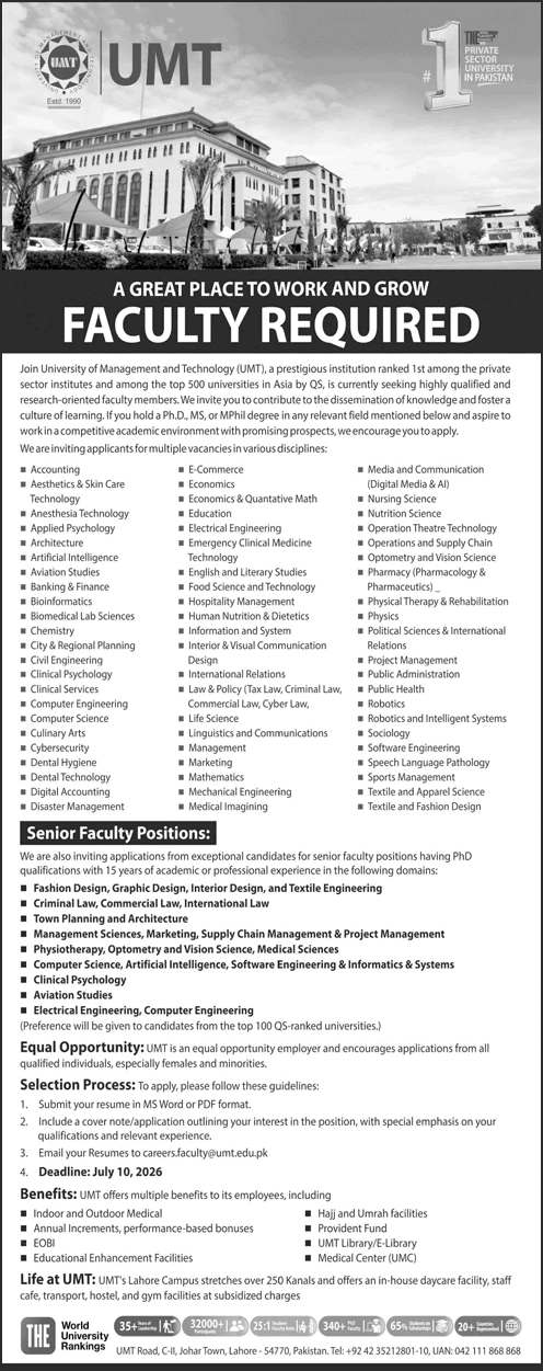 University of Management and Technology Lahore Jobs 2026 June / July Teaching Faculty UMT Latest