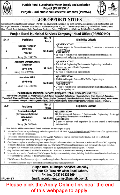 Punjab Rural Municipal Services Company Jobs June 2026 July Online Apply PRMSC PRSWSSP Latest