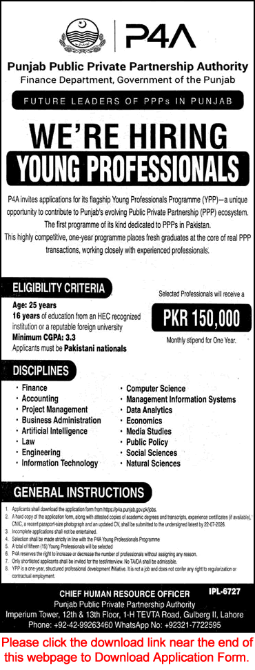 Punjab Public Private Partnership Authority Jobs 2026 July Application Form P4A Young Professionals Programme Latest