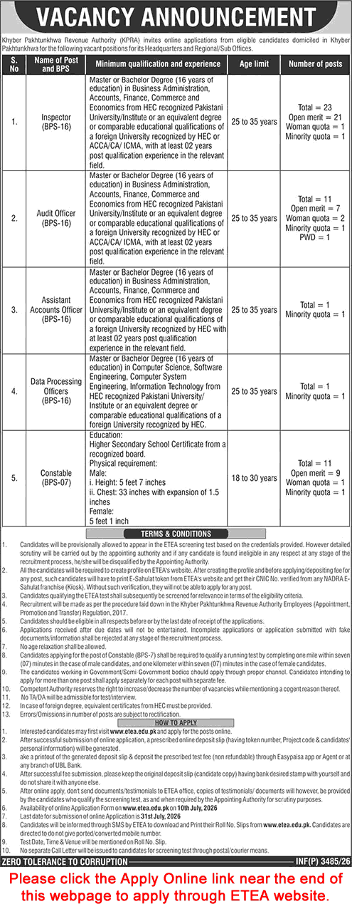 Khyber Pakhtunkhwa Revenue Authority Jobs 2026 July Apply Online Inspectors, Constables & Others KPRA Latest