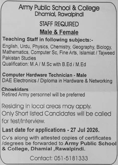 Army Public School and College Rawalpindi Jobs July 2026 Teachers & Others APS&C Dhamial Campus Latest