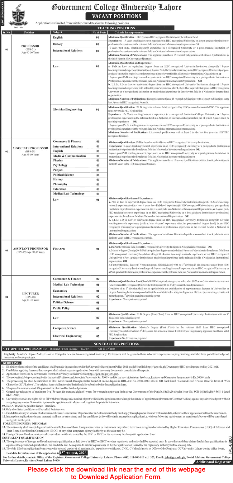 GC University Lahore Jobs July 2026 Application Form Teaching Faculty & Computer Programmer Latest