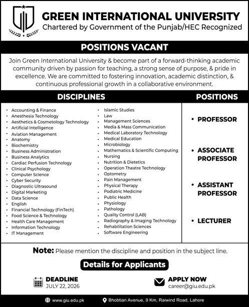 Green International University Lahore Jobs July 2026 Teaching Faculty GIU Latest