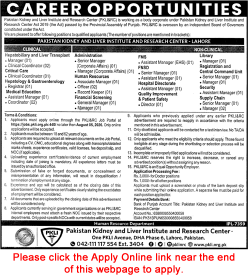 PKLI Lahore Jobs July 2026 Apply Online Pakistan Kidney and Liver Institute Latest