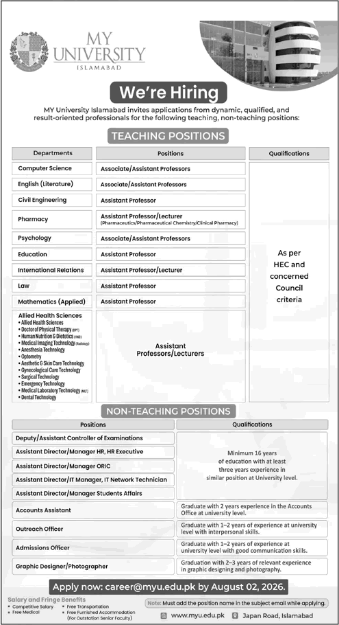 MY University Islamabad Jobs 2026 July / August Teaching Faculty & Others Latest