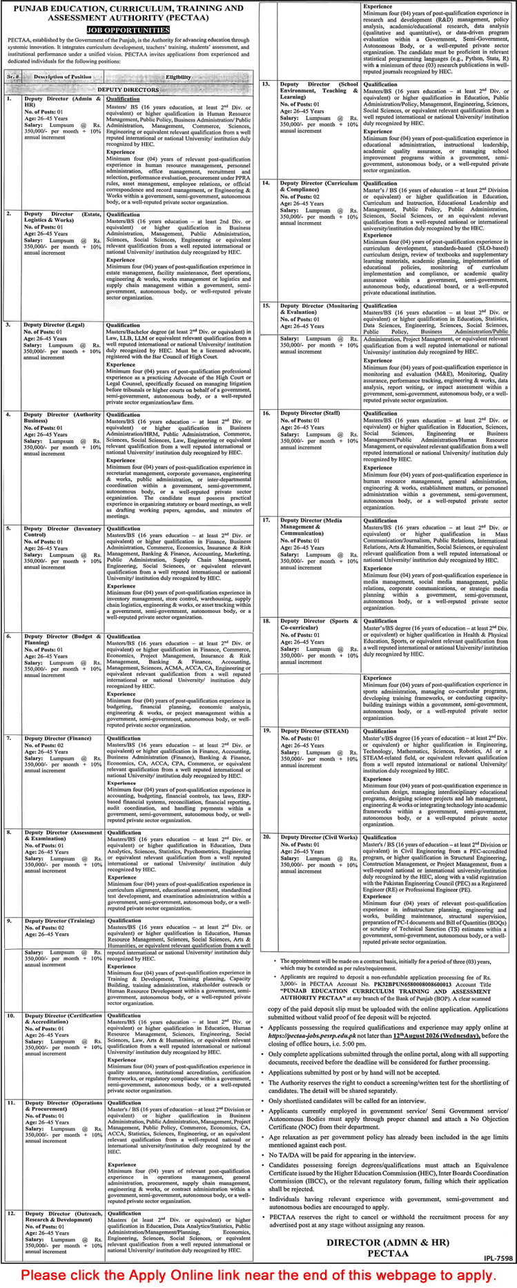PECTAA Jobs 2026 July / August Apply Online Punjab Education Curriculum Training and Assessment Authority Latest