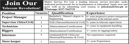 Matrix Service Pvt Ltd Islamabad Jobs August 2026 Internees, Technicians & Others Latest