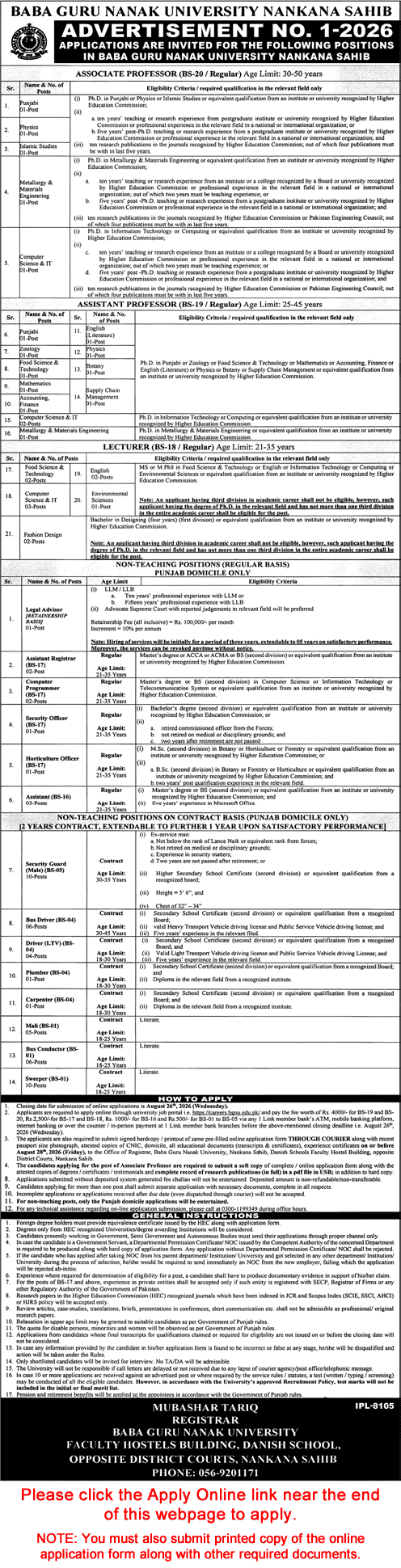 Baba Guru Nanak University Nankana Sahib Jobs August 2026 Apply Online Teaching Faculty & Others Latest