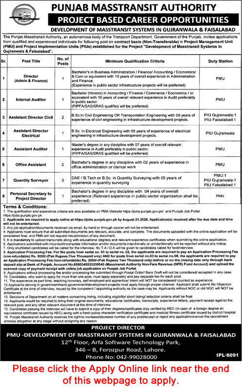 Punjab Masstransit Authority Jobs 2026 August Apply Online Quantity Surveyors, Office Assistants & Others Latest