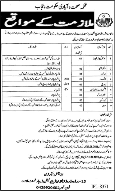 Health and Population Department Punjab Jobs August 2026 Computer Operators, Office Boy & Others Latest