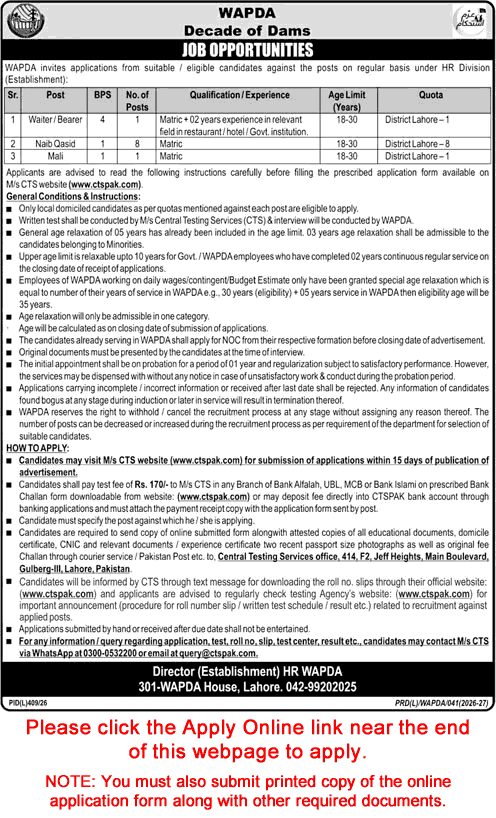 WAPDA Jobs August 2026 CTS Apply Online Naib Qasid, Waiter & Mali Water and Power Development Authority Latest