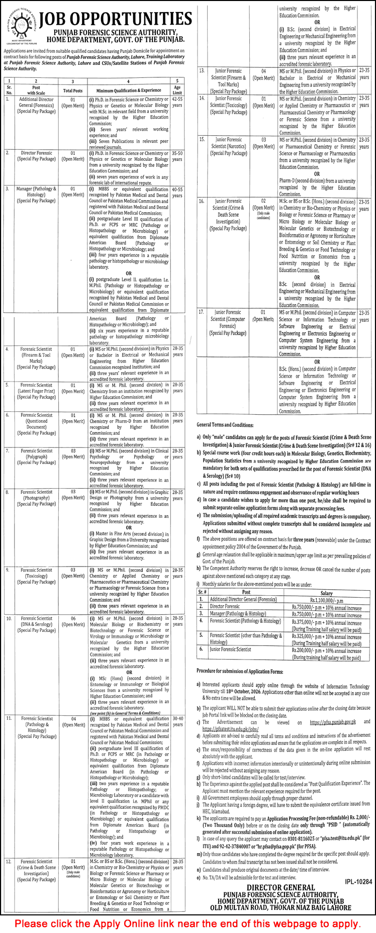 Punjab Forensic Science Agency Jobs October 2026 PFSA Apply Online Forensic Scientists & Others Latest