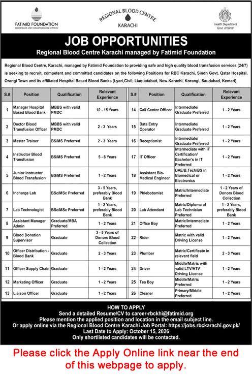 Regional Blood Center Karachi Jobs October 2026 Apply Online IT Officer, Receptionist, Office Boy & Others Fatimid Foundation Latest