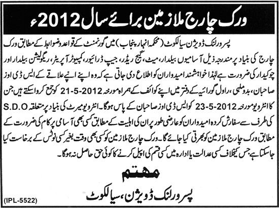 Pasrur Link Division Sialkot (Govt.) Jobs