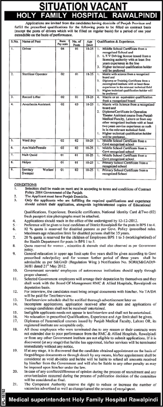 Rawalpindi Holy Family Hospital Jobs 2012