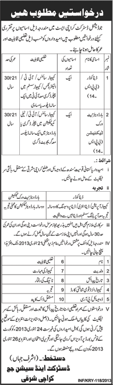 Data Coder & Hardware Network Technician Vacancies at Judicial District Karachi East