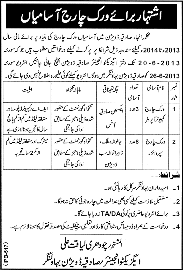 Sadiqia Canal Division Bahawalnagar Jobs 2013 June Work Charge Computer Operators & Supervisors