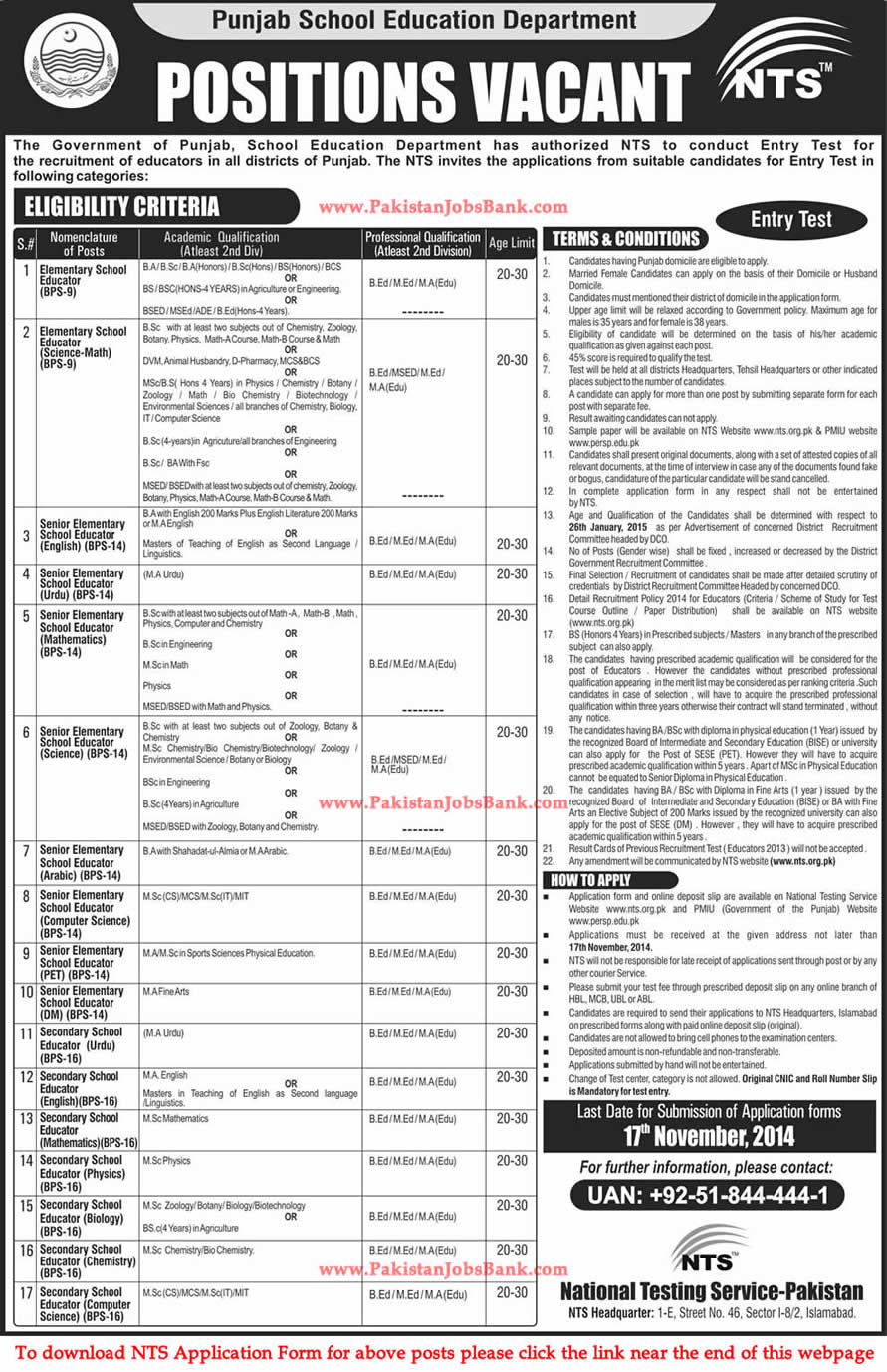 Educators Jobs in Punjab November 2014 NTS School Education Department Latest / New