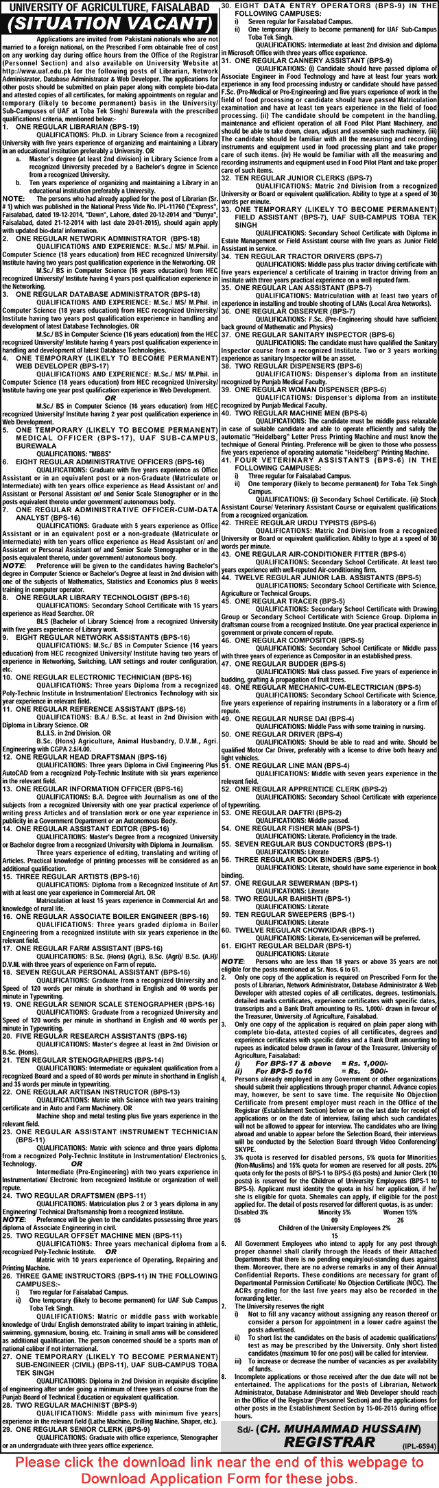 University of Agriculture Faisalabad Jobs 2015 May Application Form Download Admin & Support Staff