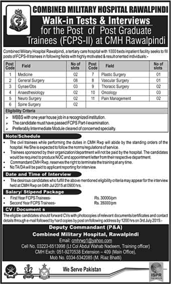 CMH Rawalpindi Jobs 2015 June Postgraduate Trainees (FCPS-II) Trainings Latest
