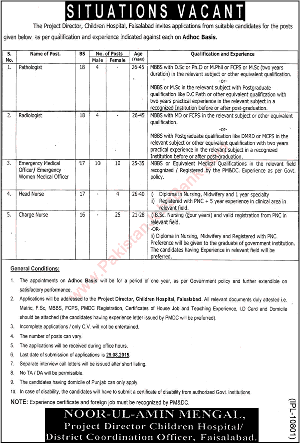 Children Hospital Faisalabad Jobs 2015 August Nurses, Medical Officers, Radiologist & Pathologist Latest