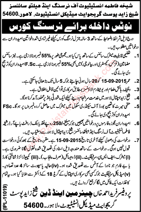 Nursing Training Course in Lahore 2015 August Sheikh Zayed Postgraduate Medical Institute Latest