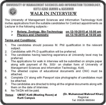 Lecturer Jobs in University of Management Sciences and Information Technology Kotli 2015 October AJK