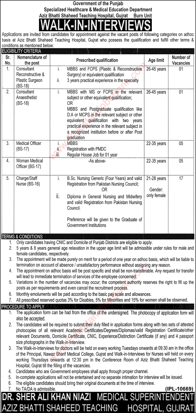 Aziz Bhatti Shaheed Teaching Hospital Gujrat Jobs 2016 September Walk in Interviews Nurses & Others Latest
