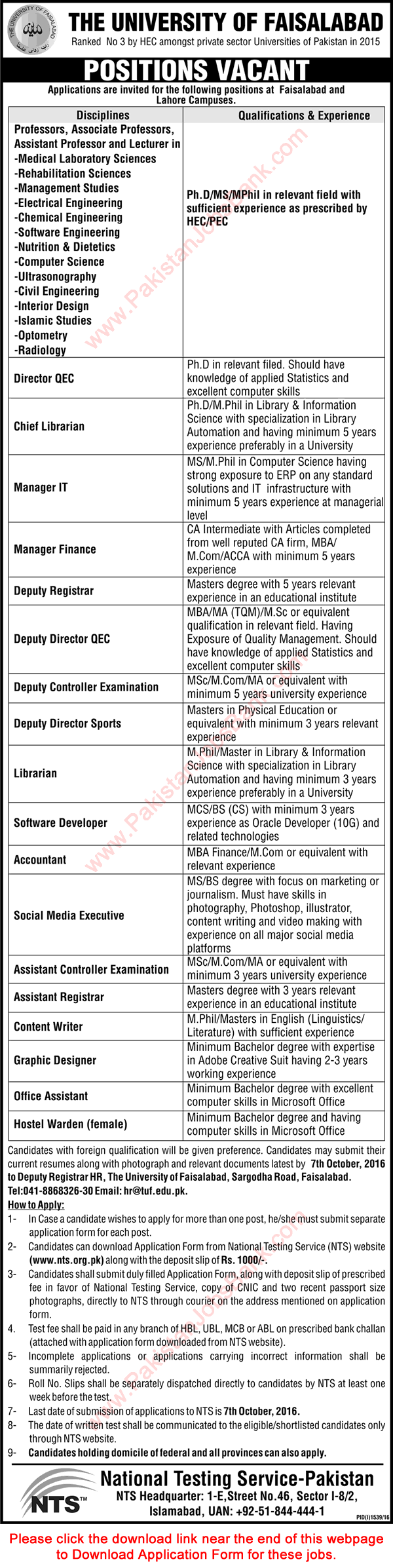 University of Faisalabad Jobs September 2016 Lahore NTS Application Form Teaching Faculty & Others Latest