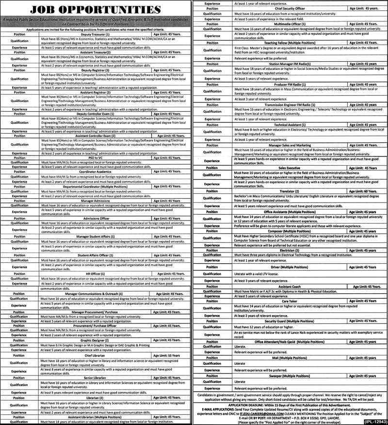 PO Box 10260 GPO Lahore Jobs October 2016 November Information Technology University ITU Latest