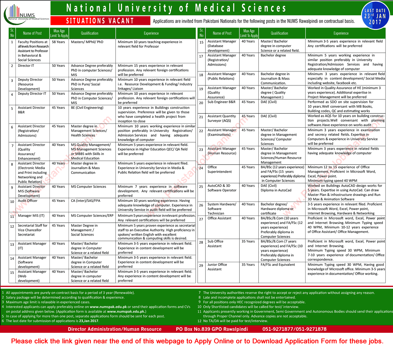 NUMS University Rawalpindi Jobs 2017 Online Application Form National University of Medical Sciences Latest