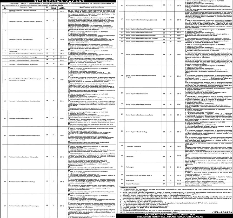 Children's Hospital Faisalabad Jobs August 2017 Teaching Faculty, Medical Officers & Others Latest
