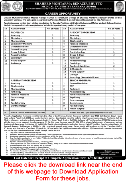 Shaheed Mohtarma Benazir Bhutto Medical University Larkana Jobs September 2017 Application Form Teaching Faculty Latest