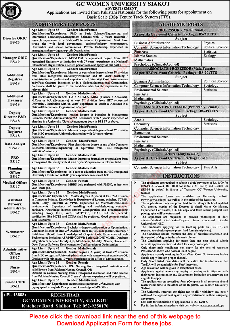 GC Women University Sialkot Jobs October 2017 Application Form Teaching Faculty & Others Latest